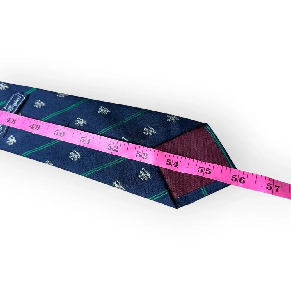 Briar Pride of England Navy Blue Rampant Lion Crest Green Stripe Silk Necktie